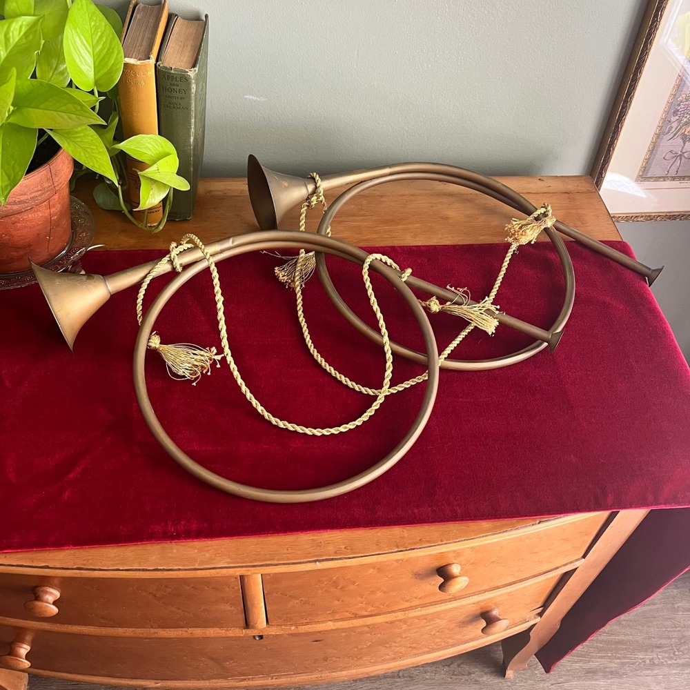 Vintage Decorative Brass French Horns Set of 2 with Gold Tassels 18in Decor